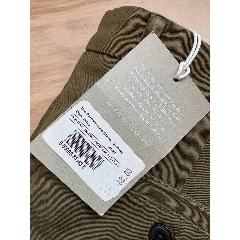 Everlane Uniform Performance Chino Slim Fit Olive Green Mens NWT‎ Classic 32X32